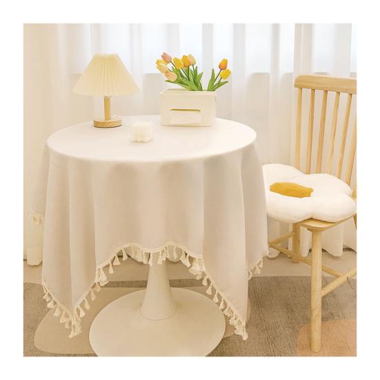 Tovaglia in Cotone e Lino con Bordi Frangiati, Tovaglia Monocolore Lavabile con Nappe, Copritavola Rotondo per Cucina Sala da Pranzo