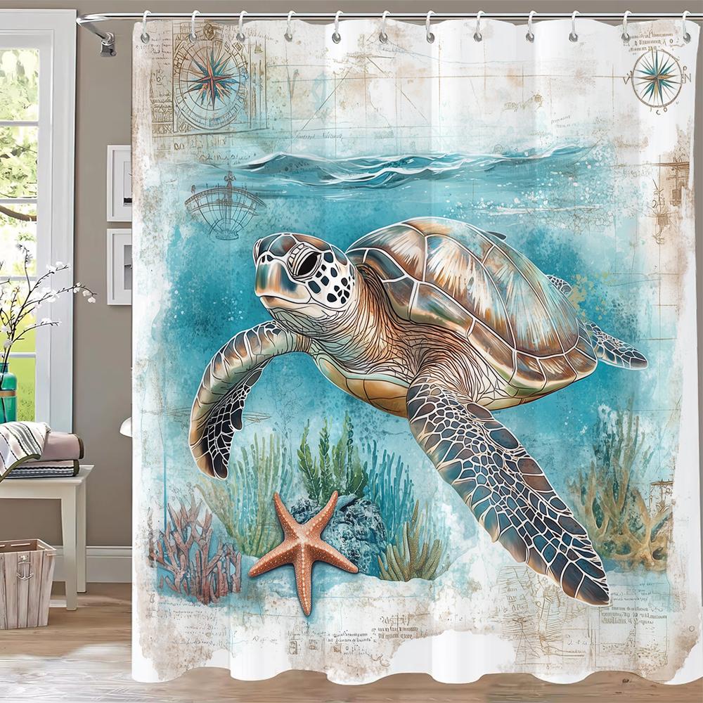 Sea Turtle /Marine Turtle Printed Shower Curtain, Bathroom Decorative Bathtub Curtain With Hooks,Home Decoration Curtain