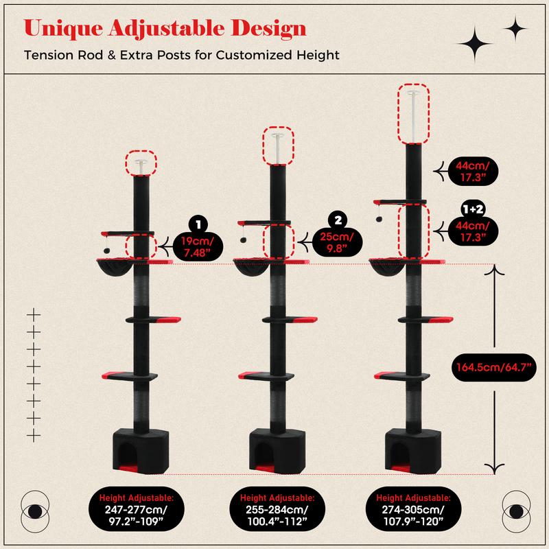 Adjustable Height Cat Tree for Indoor, Floor To Ceiling Cat Tower with Scratching Posts, Cat Condo, Hammock and Dangling Balls