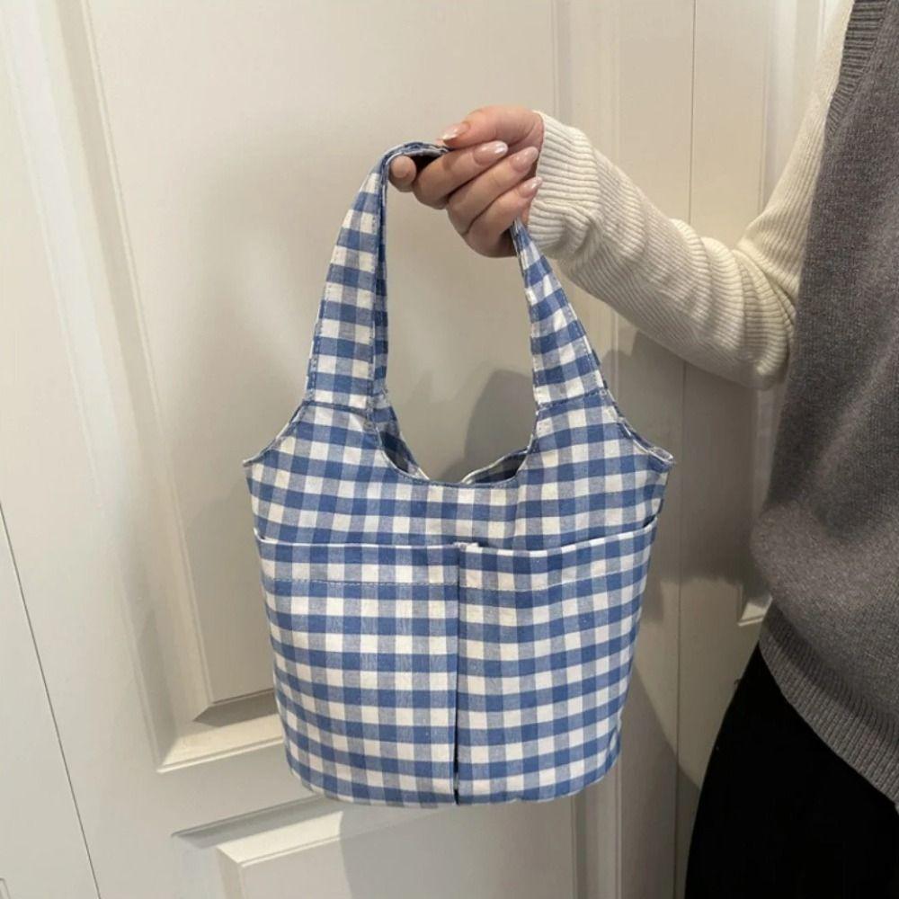 Fashion Red Plaid Tote Bag Korean Style Shoulder Bag Lightweight Canvas Vest Bag Women