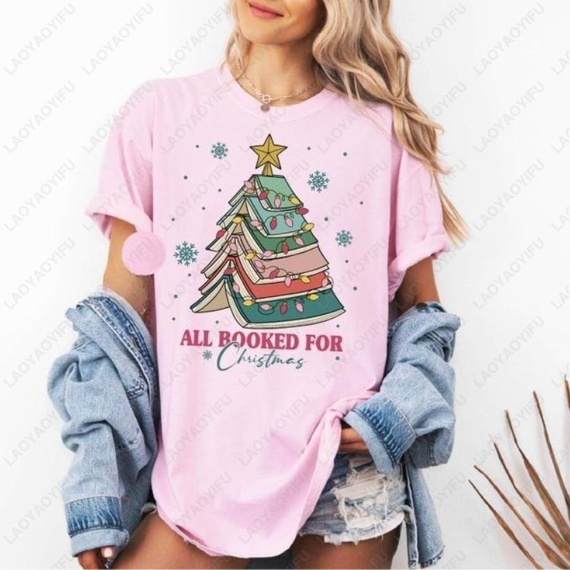 All Booked for Christmas Gift Tees for Librarian Bookworm Tree Kawaii Funny Unique Creative Tops Men Women Cotton Trend Tshirt