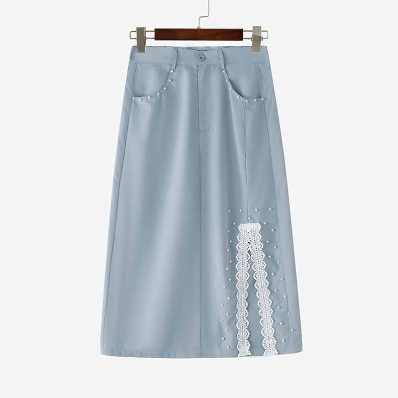 ZANZEA Женская повседневная прямая юбка с кружевной вставкой и разрезом сбоку S синий