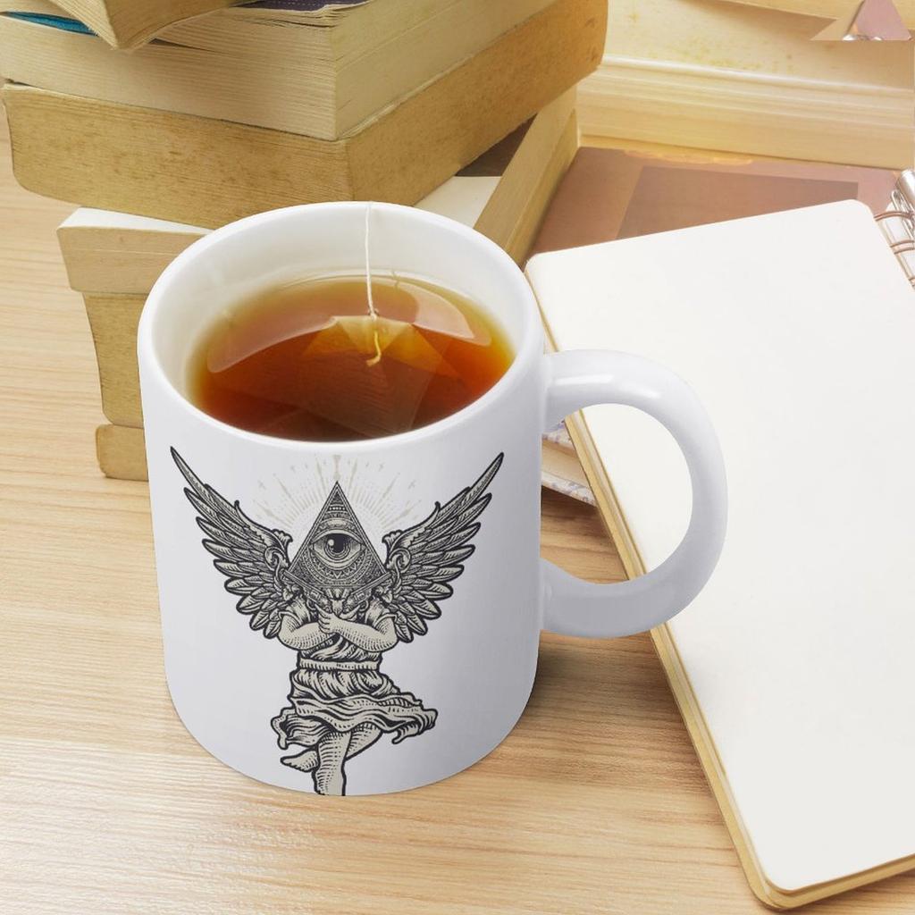 11oz White Coffee Cup with Printed Areas on Both Sides, Heat-Resistant Glossy Body for Everyday Kitchen and Work Desk