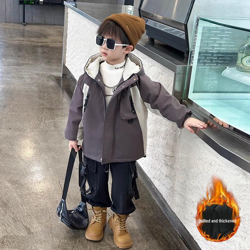Children's 2025 Stylish Warm Streetwear Jacket - Cool and Handsome Boys' Autumn Winter Plus Velvet Thick Cotton Top