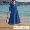 JPNTKY Fashion Summer Spring Solid Color Print 3/4 Sleeves V-Neck Casual Dresses