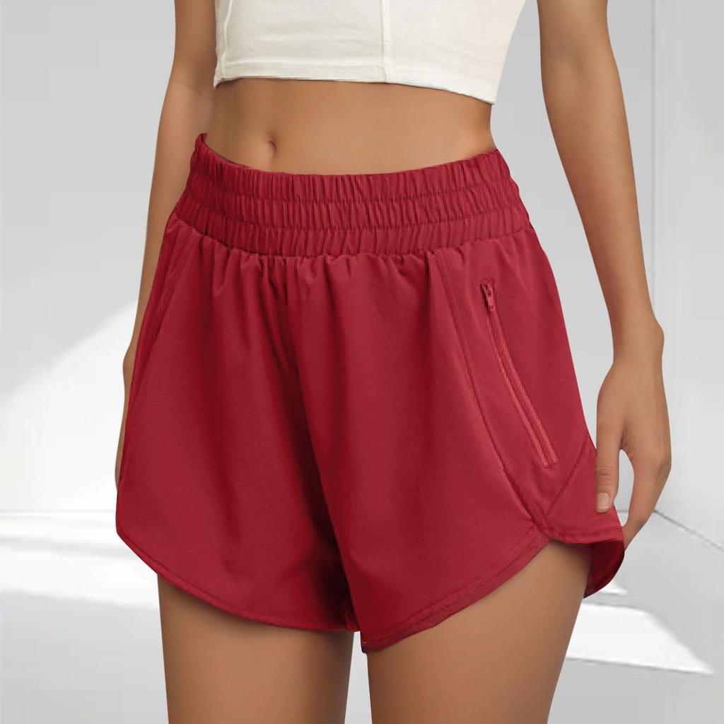 Women's Athletic Shorts High Waisted Running Solid Shorts With Zip Pocket Workout Shorts