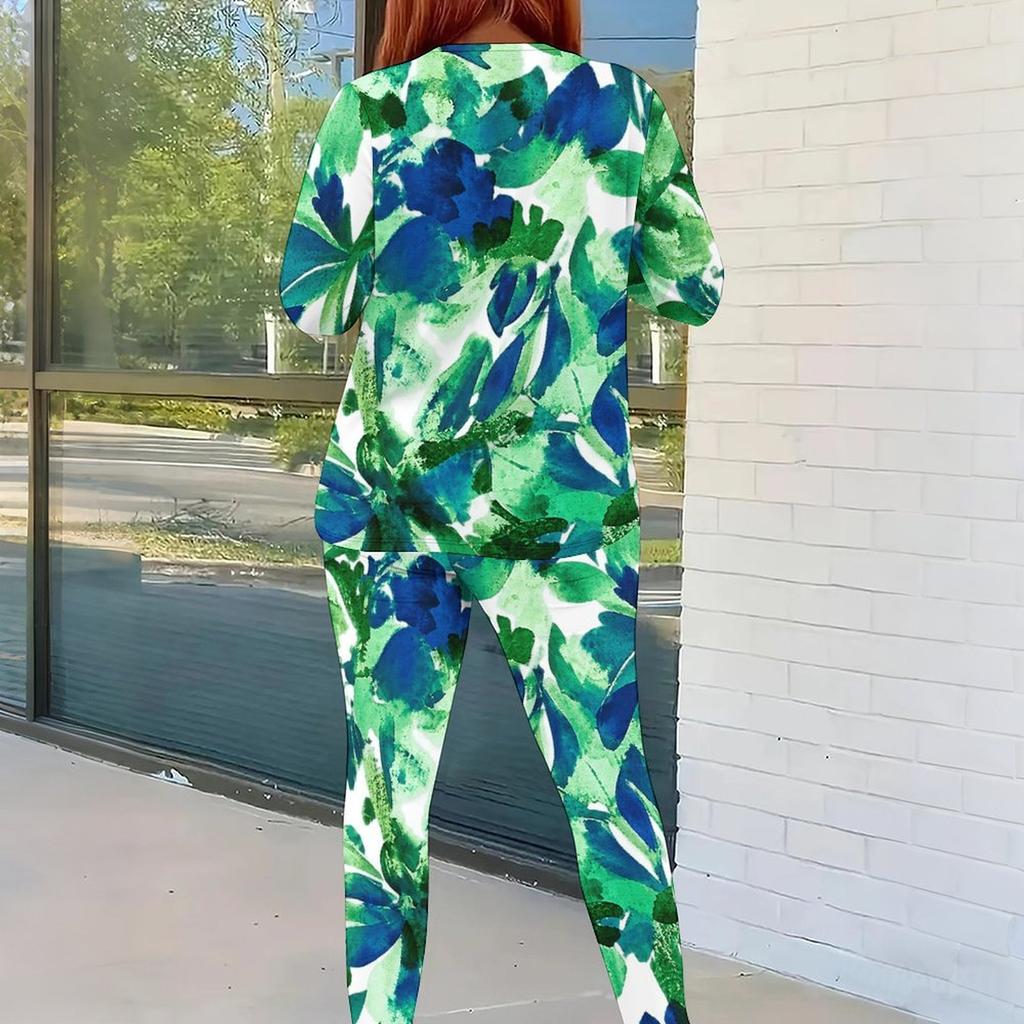 Women Plus Size Round Neck Long Sleeve Green Blue Printed Fitted Pants Two Piece Set