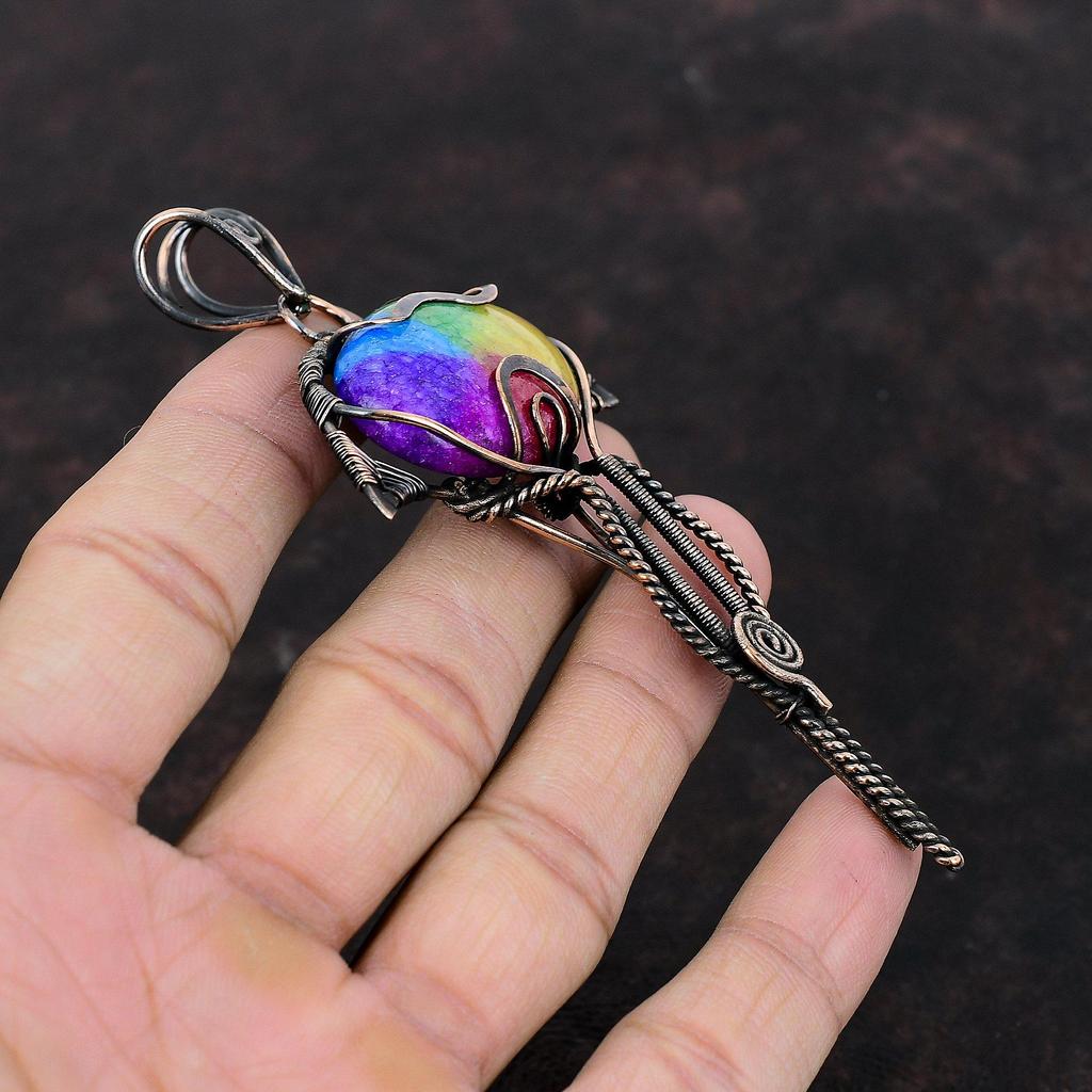 Rainbow Solar Quartz Druzy Pendant Copper Wire Wrapped Gemstone Pendant Handmade Brand New Pendant Gift For Him Unique Copper Design Jewelry