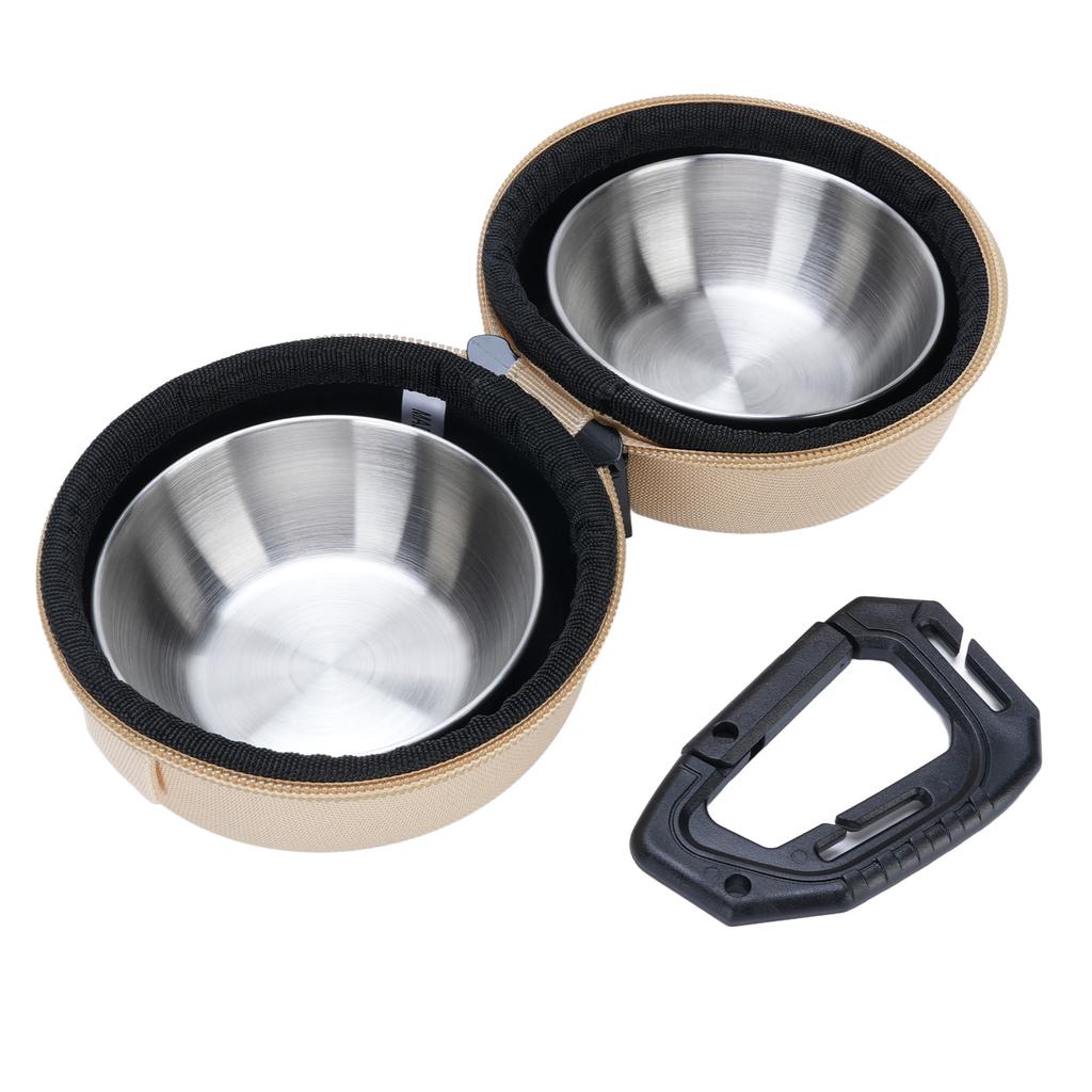 Foldable Dog Double Bowls Portable Stainless Steel Travel Pet Food Water Bowl with EVA Bag and Clip