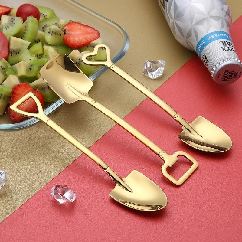 1Pc Spade Spoon Stainless Steel Creative Retro Dessert Spoon Watermelon Square Shovel Ice Cream Heart Shape Spoon Bottle Opener