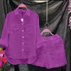 2 Pcs/Set Women Shirt Shorts Set Solid Color Loose Long Sleeves Elastic Waist Single-breasted Patch Pockets Irregular Hem Lapel Casual