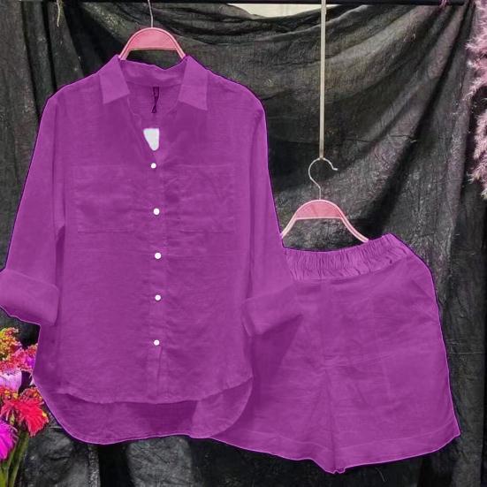 2 Pcs/Set Women Shirt Shorts Set Solid Color Loose Long Sleeves Elastic Waist Single-breasted Patch Pockets Irregular Hem Lapel Casual