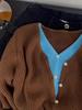 Women's Korean Style V-Neck Color-Block Knitted Cardigan Top for Autumn/Winter