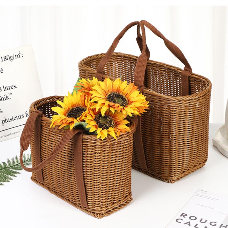 Japanese Hand Woven Picnic Basket Imitation Rattan Large Shopping Baskets Fruit Vegetable Storage Basket With Handle