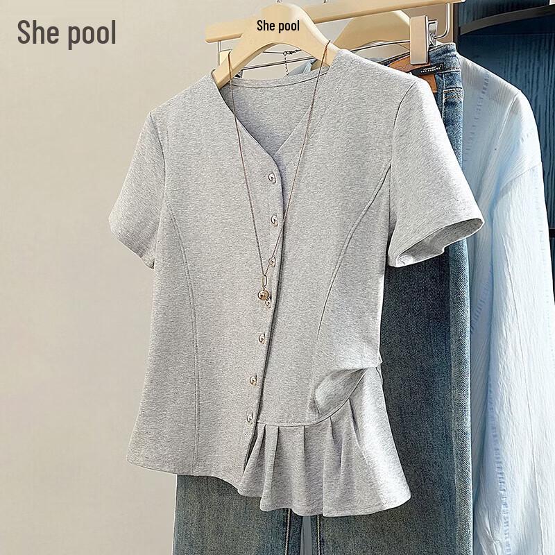 Women s Asymmetrical V-Neck Spliced Short Sleeve T-shirt S светло-серый
