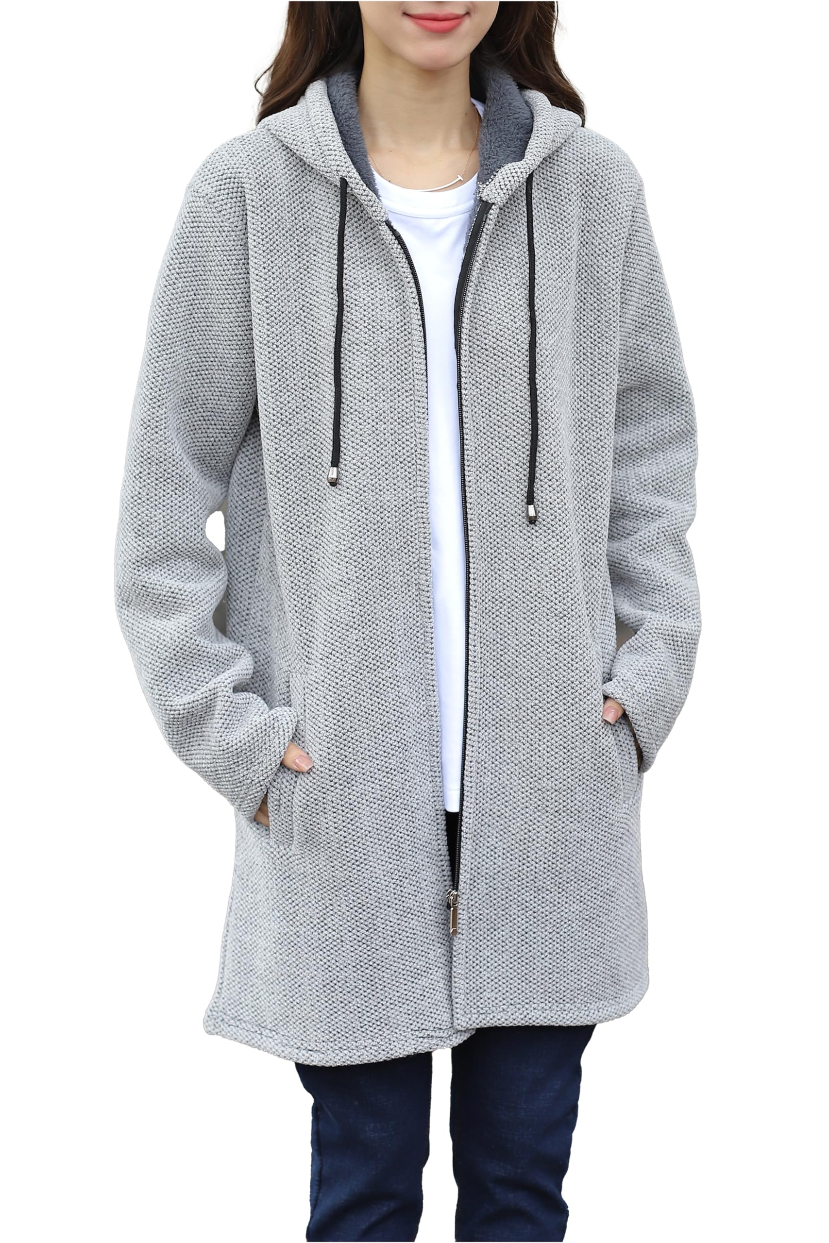 

Necoat Long Long Light Size L Women s Hoodie, Fleece-Lined, Sleeves, Fall/Winter, Gray,