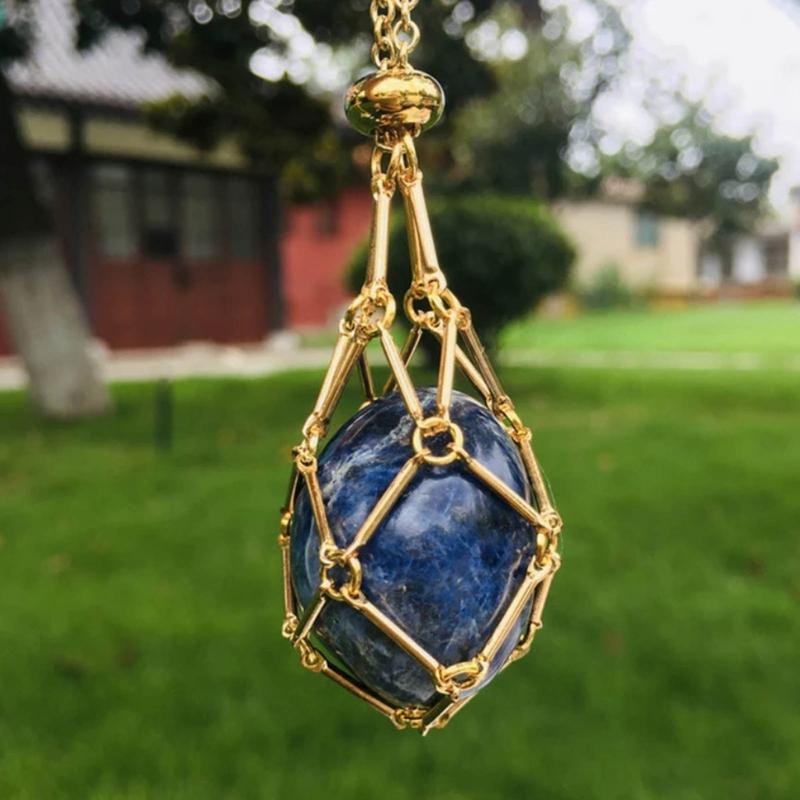 Handgjord Justerbar Kristallbur Halsband Natursten Nät Hållare Hänge Halskedja Snyggt Halsband Elegant Accessoar