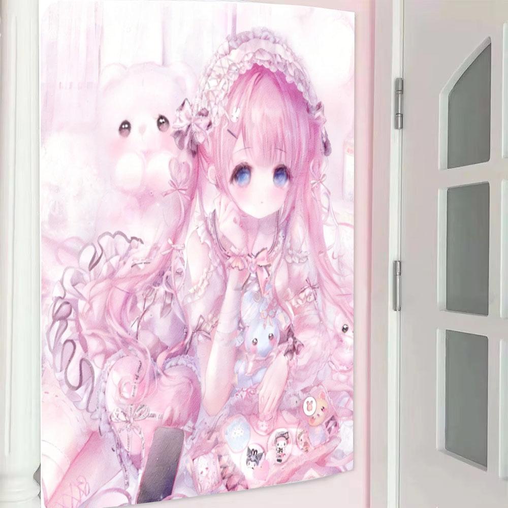 

Kawaii Pink 2D Lolita Girl Tapestry Wall Hanging Fabric Interior Decor Kawaii Room Aesthetic Background Cloth 74x94cm(29x37in)