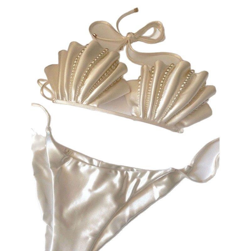 Meerjungfrauen-Prinzessin Perlen-Bikini: Geraffter weißer Badeanzug für Damen