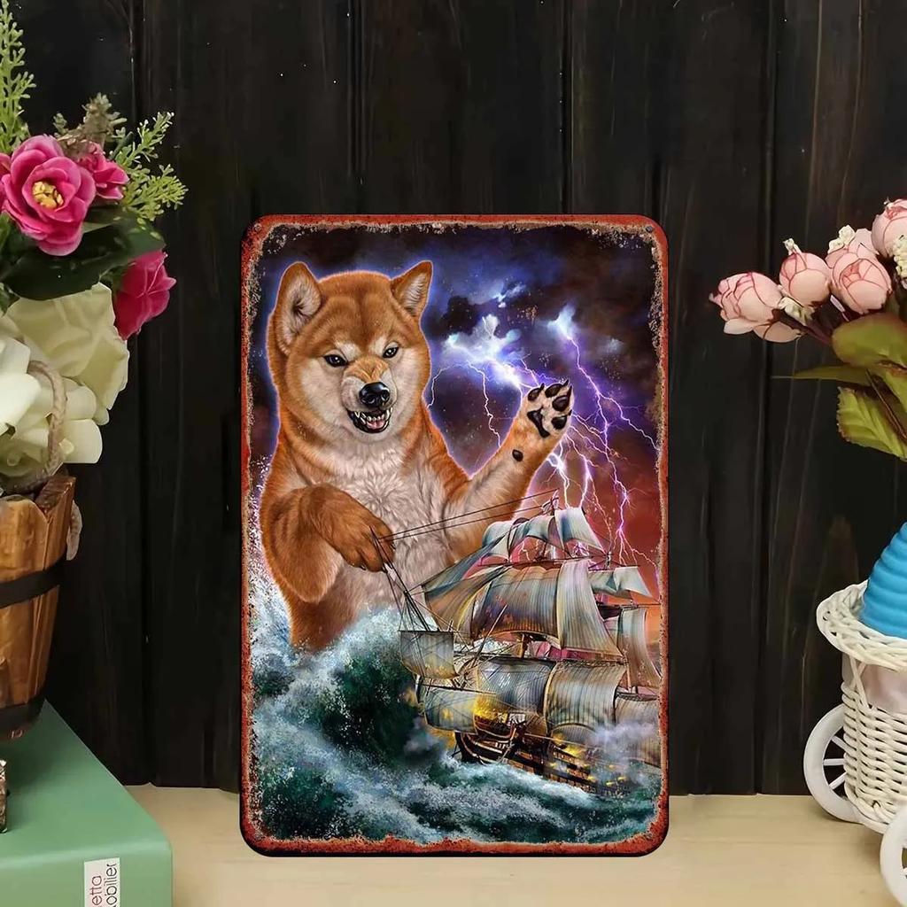 Vintage Metal Wall Art Japanese Shiba Inu Dog & Storm Ship Scene