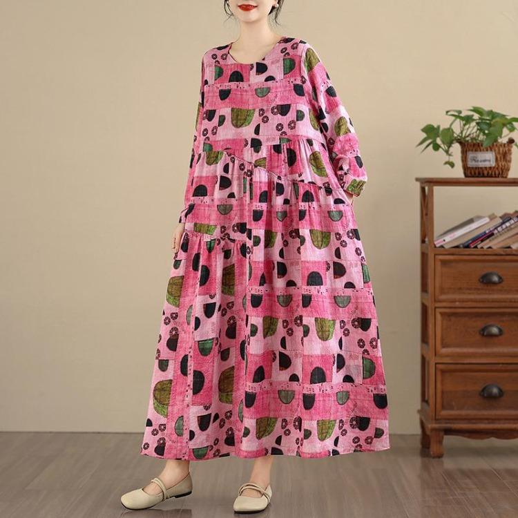 New Vintage Floral Maxi Dress Women Plus Size Oversize Long Sleeve Loose Basic Spring Long Dress