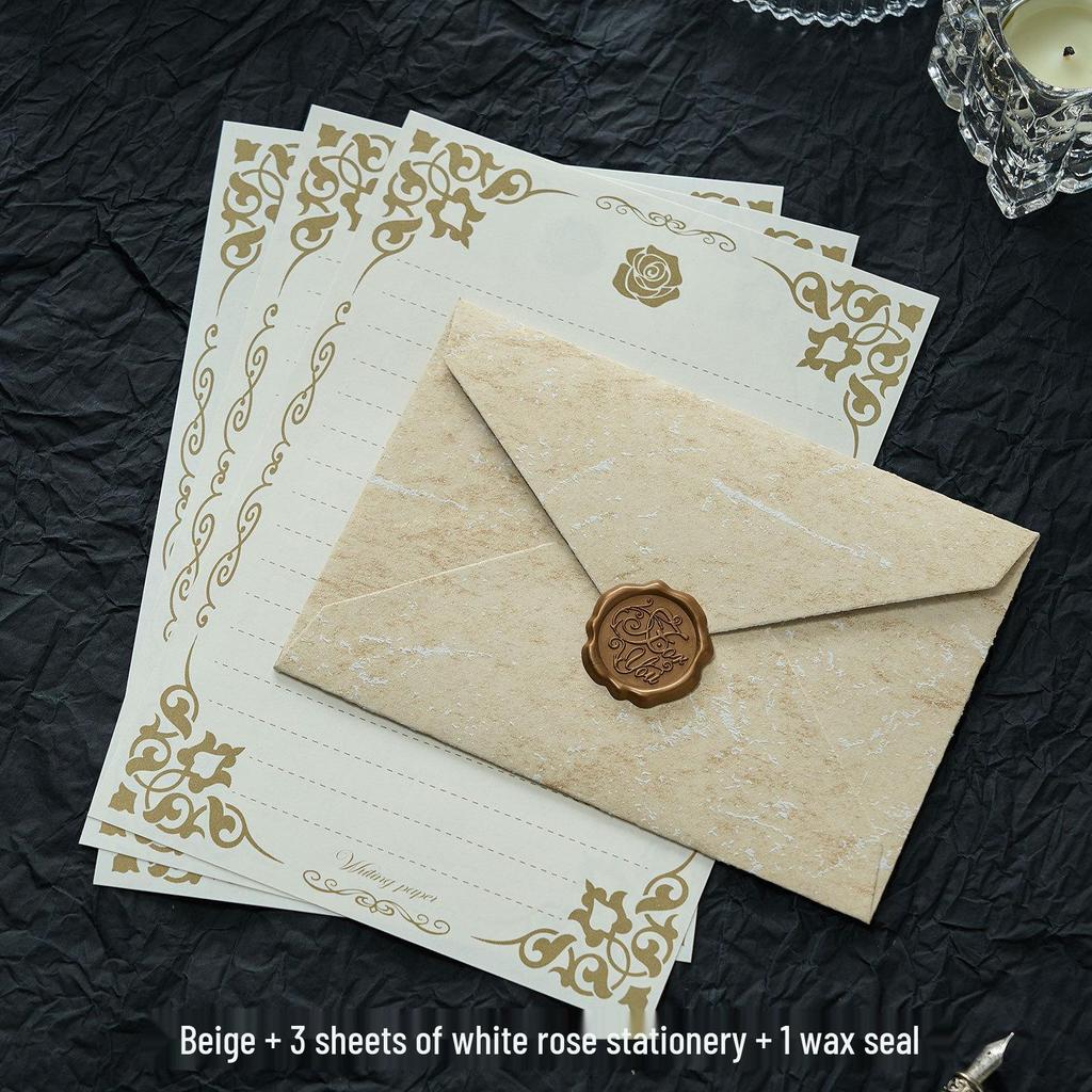 Gilded Envelope & Letter Paper Set - Embossed Texture, Straits Style, Handwritten Love Letters with Wax Seal for Valentine's Day