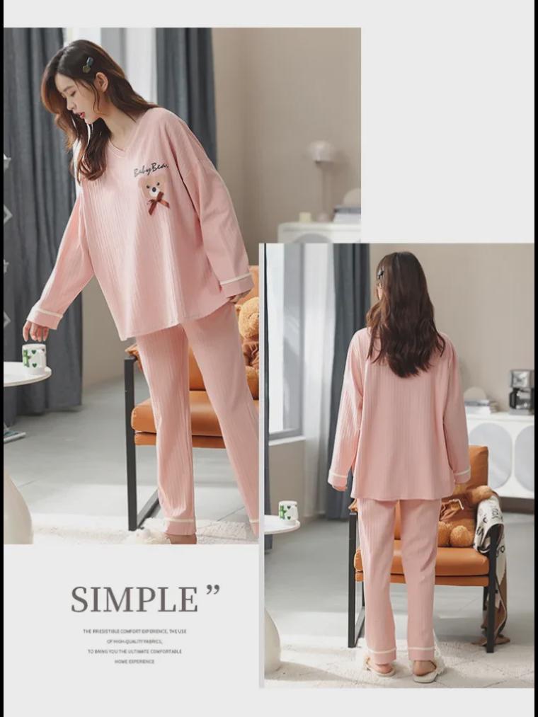 Women's Cotton V-Neck Pajama Set - Long Sleeve, Solid Color, Bear Print, Loose Fit, Spring/Autumn