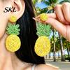 Three-dimensional Pineapple Earrings 1 Pair Handmade Raffia for Women, Boho Straw Hand-Woven Summer Beach Skirt Jewelry Dangle Earrings, Natural
