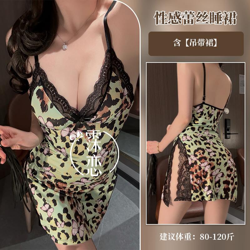 European and American sex underwear large size, leopard print print dress lace splicing pure desire suspender skirt deep V