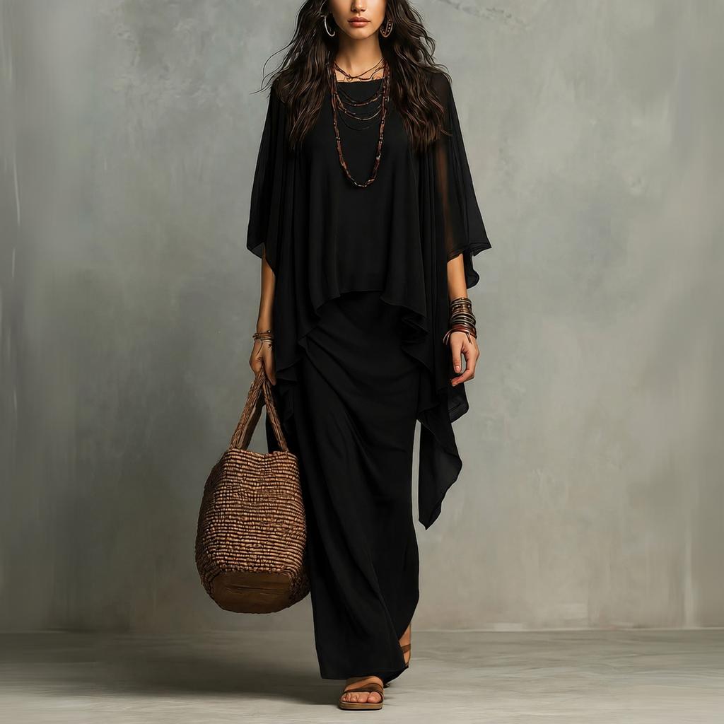 Ensemble robe longue deux pièces en mousseline pour femme avec châle enveloppant pour les vacances d'été