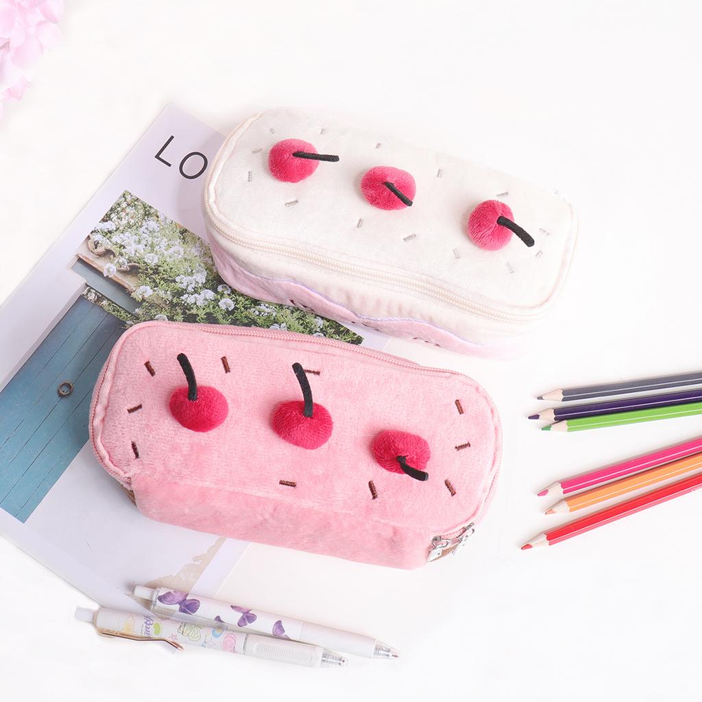 New Plush Cherry Cake Pen Bag Large Capacity Pencil Case Students Multifunction Stationery Bag For School Office