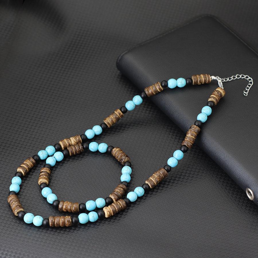 2Pcs Jewelry Set Natural Coconut Husk Wood Necklace Bracelet Men 18 Inches Short Collar Volcanic Tiger Eyes Stone Colar Pulsera