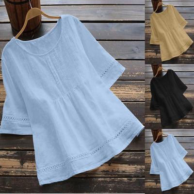 Women's Fashion Casual Solid Color Cotton And Hemp Top Half Sleeve Crewneck Splicing Shirt Hollowed Out Top T-shirt