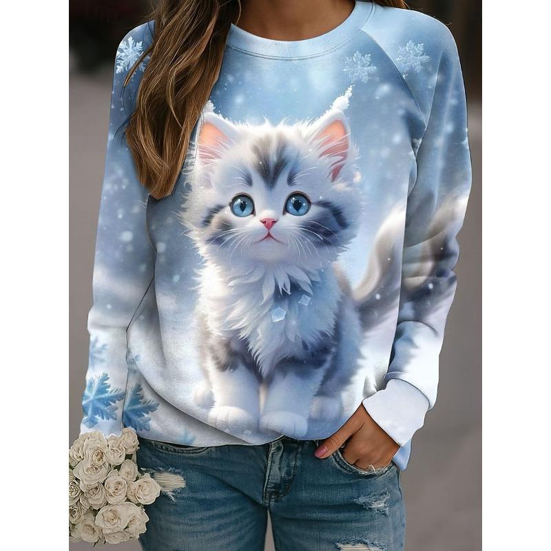 Fall Winter Pullover Women's Cute Cat Graphic Sweatshirt Trendy 3D Print O-Neck Long Sleeve Tops  Women's Apparel Y2K Streetwear