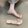Blue cabinet, open-toed cool slippers for women's summer wear 2025 summer with skirts, one-word drags, folds, bows are gentle and cool