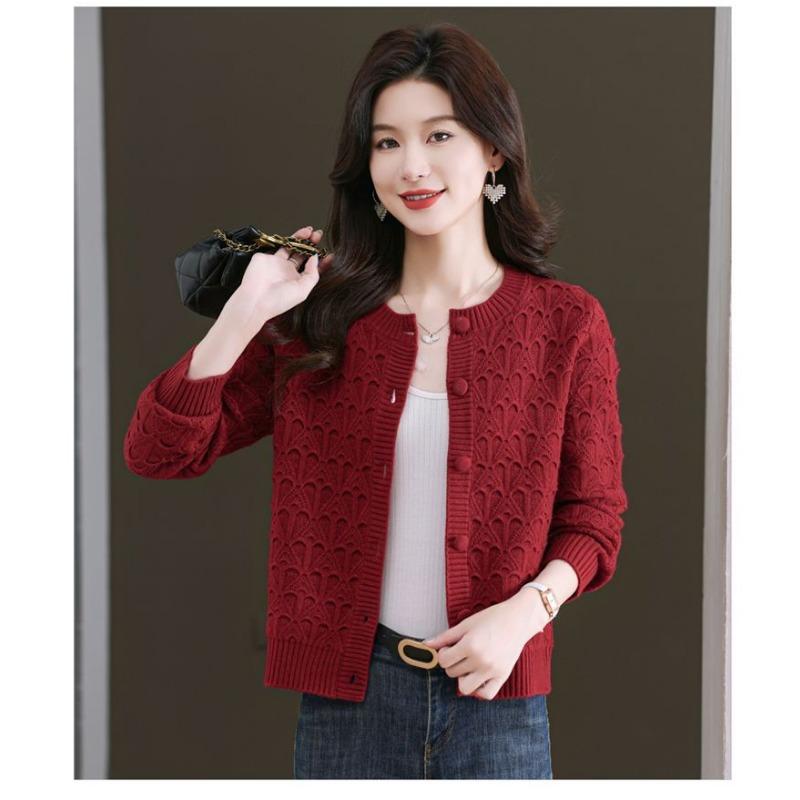 

Knitted Cardigan Jacket Loose Round Neck Sweater Autumn and Winter Solid Color Button Fashion Top S червоний