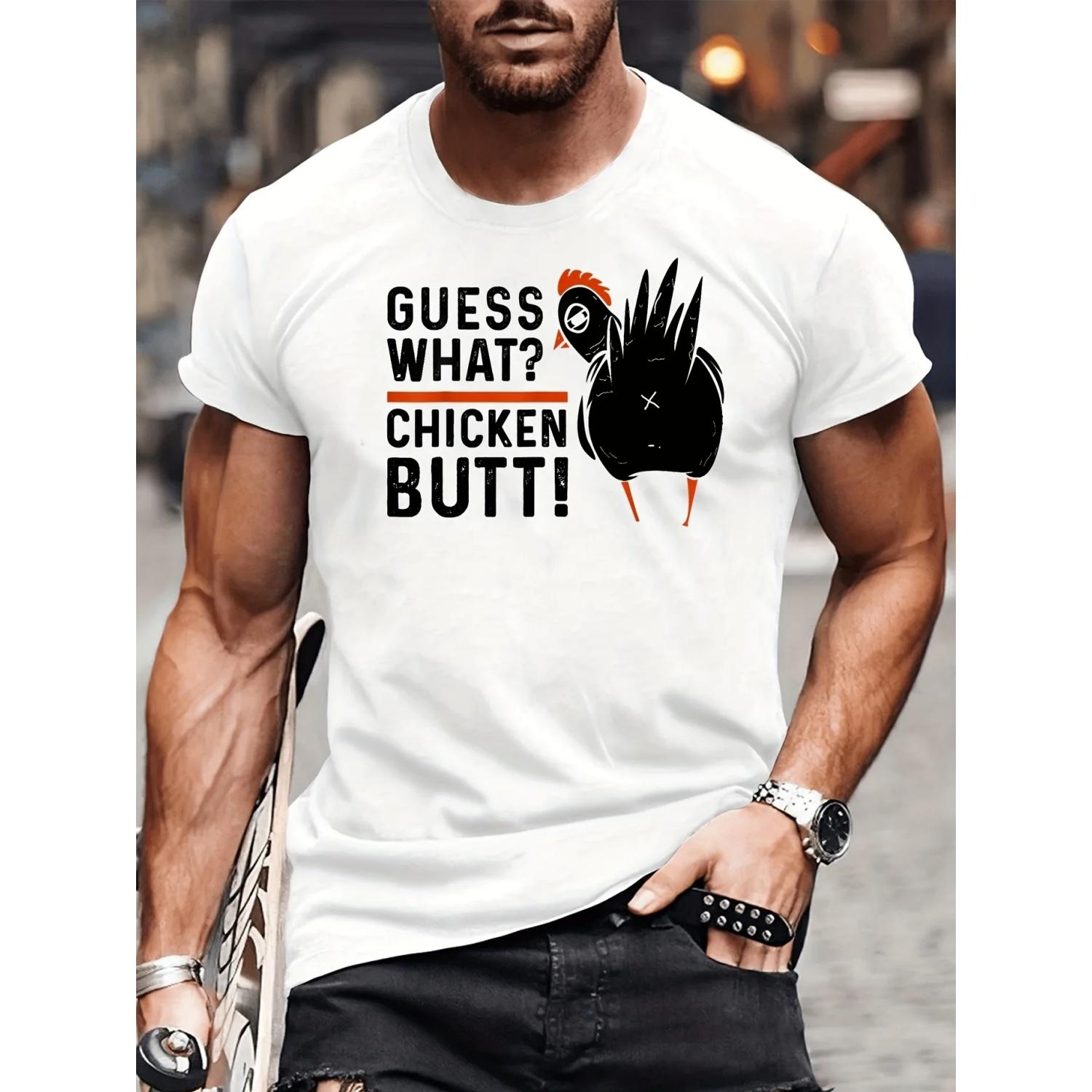 Men s Fun Chicken Emoji T-shirt - Funny Chicken Theme Humorous Printed Top with _Guess, Chicken Butt_ Pattern S чёрный