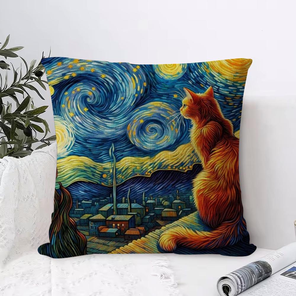 Van Gogh Starry Sky Cat Cushion Cover Eco Linen Pillow Case DoubleSided Print Breathable Durable Zipper Home Decor Gift