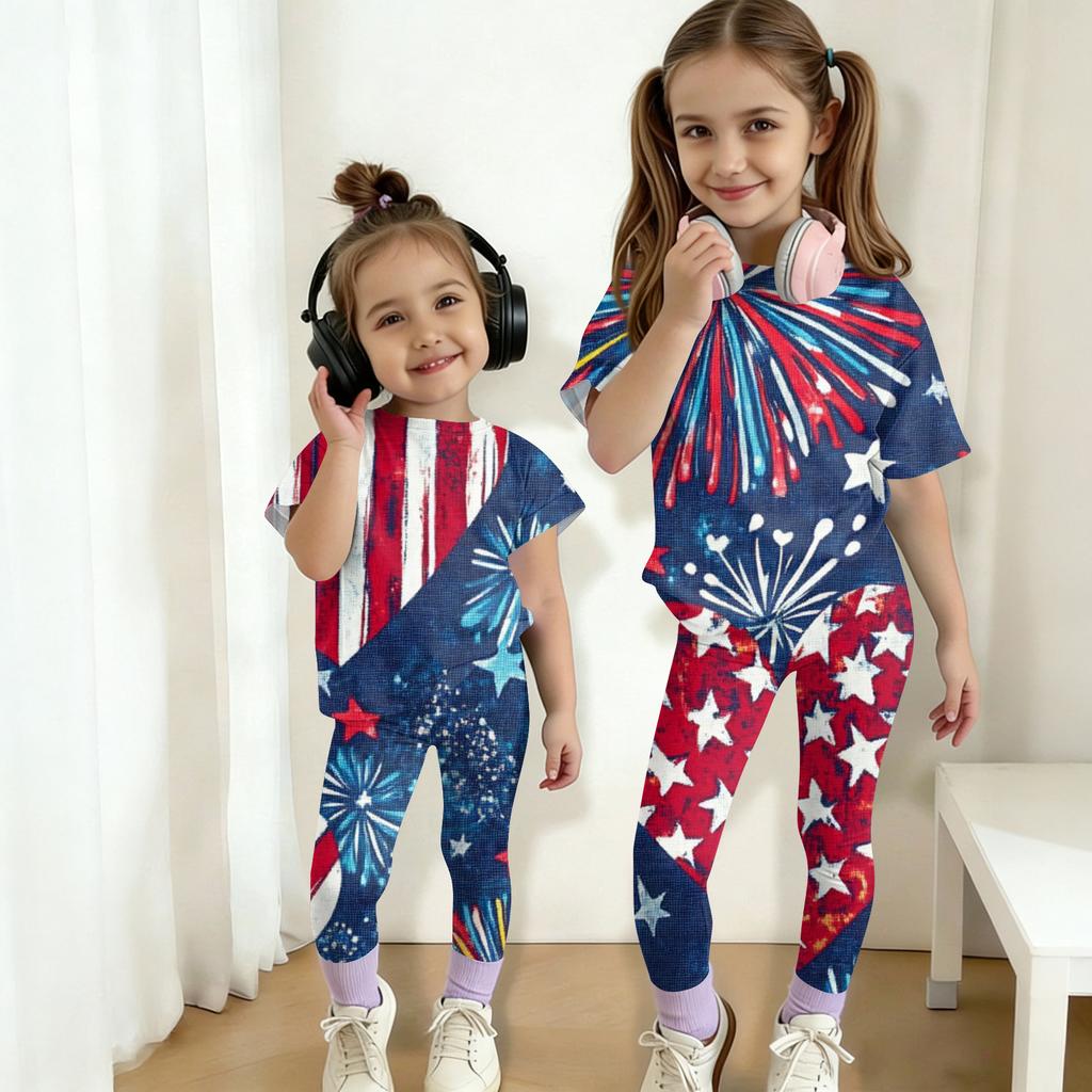 Jungen und Mädchen Unabhängigkeitstag Druck Set Kinder Freizeit Kurzarm Oberteil und Lange Hosen Set