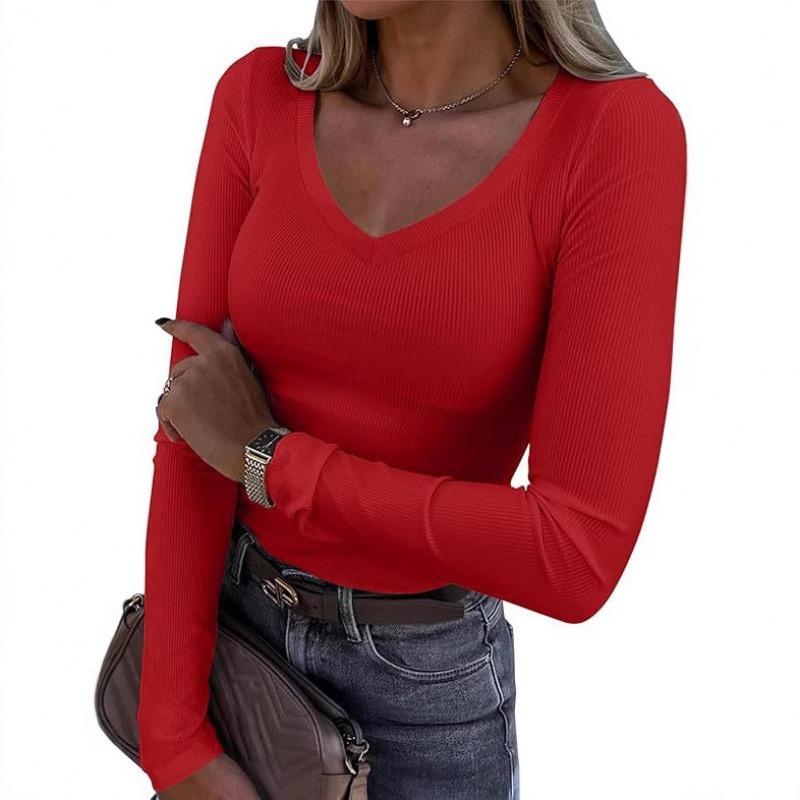 New Popular Style Thread Pit Strip Slim Long Long Sleeve Sexy V-neck Casual Women's T-shirt