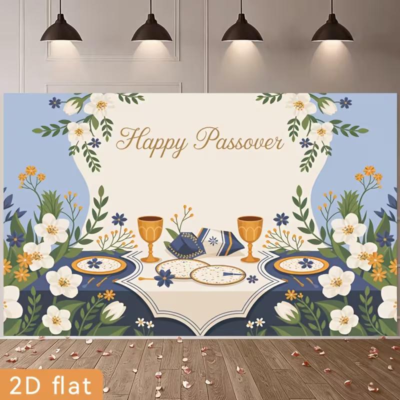 2D Happy Passover Photography Backdrop, Blue Floral Seder Plate & Matzah Background 47.2x31.5inch/120*80cm