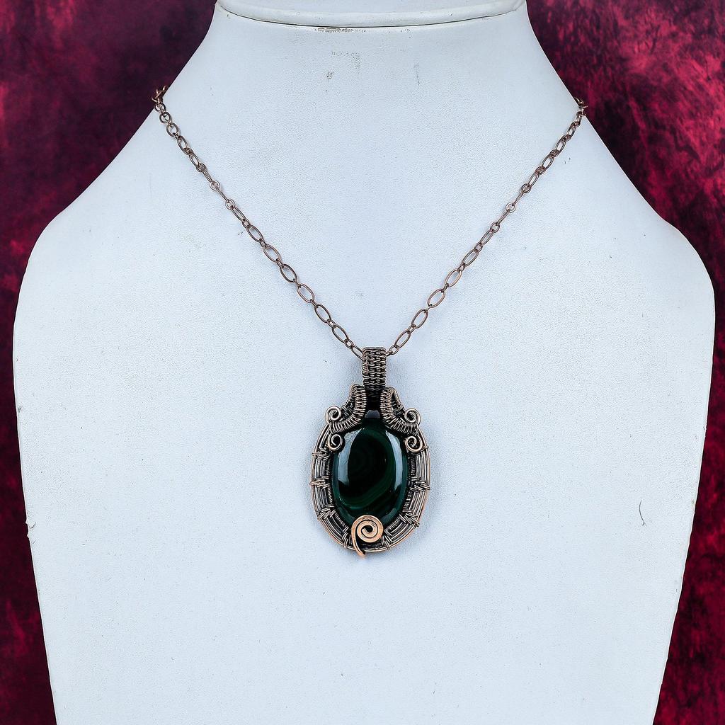 Malachite Gemstone Pendant Copper Wire Wrapped Handmade Pendant Antique Jewelry
