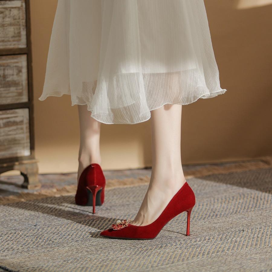 813-13 High-heeled Wedding Shoes Women's Thin Heels 2025 New Xiuhe Bridal Shoes Pointed Head Shallow Mouth Square Buckle Wedding Shoes