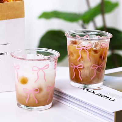 1/2 piezas Taza de Vidrio Lazo Rosa Gafas Taza de Vidrio con Lazo Taza de Café de Vidrio Linda Taza de Vidrio para Café Helado, Té, Jugo, Latte, Leche, Postre Merienda