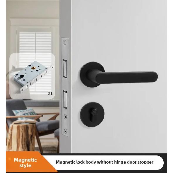 Black American Style Indoor Door Lock, Integrated Magnetic Silent Wooden Door Handle, Universal Home Bedroom Lock
