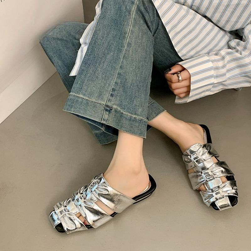 Spring and Summer New Cutout Woven Baotou Half Slippers Women's Square Toe Cutout Versatile Low Heel Outside Sandals