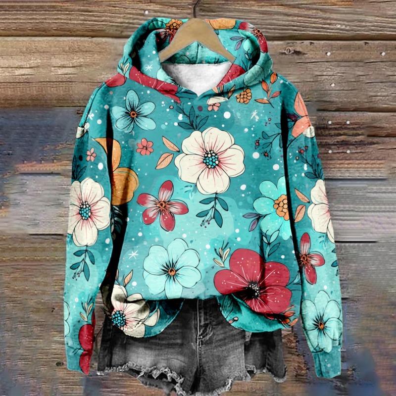 Women's Floral Hoodie Hipster Winter Pullover Harajuku Loose-Fit Casual Sweatshirt Cozy Fleece-Lined Jacket Casual Streetwear