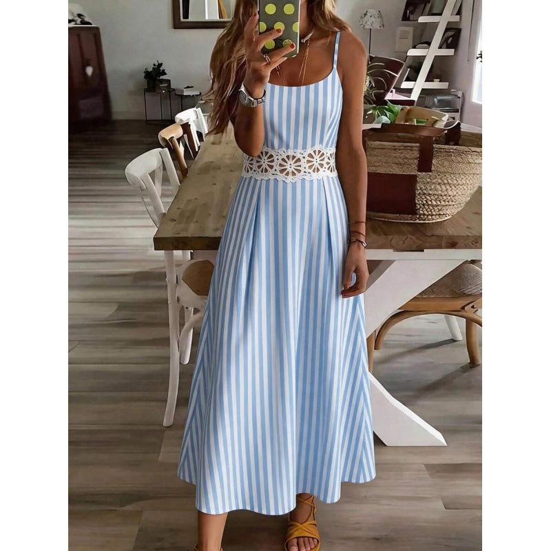 European elegant casual navy style striped lace waist hollow suspender sleeveless dress women S светло-синий