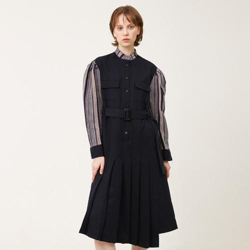 Bunderghost Jacquard Contrast Puff Sleeve Pleated Long Dress Navy
