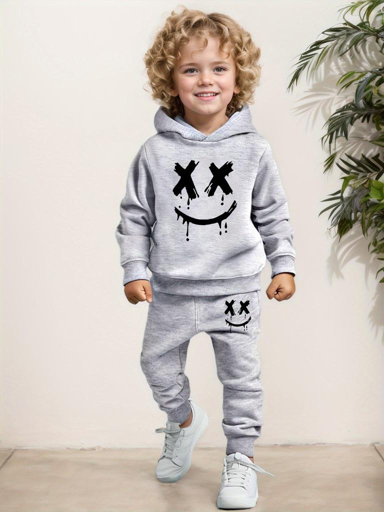 2pcs fun quirky printed boy casual suit, spring long-sleeved fashion hooded sweatshirt and comfortable sports fashion sports trousers